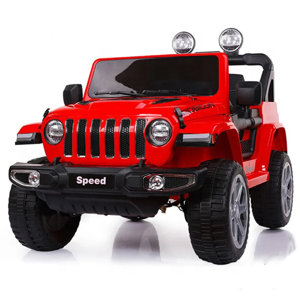 Red 12V kids Jeep Wrangler ride-on car with remote control, working lights, and rugged off-road design