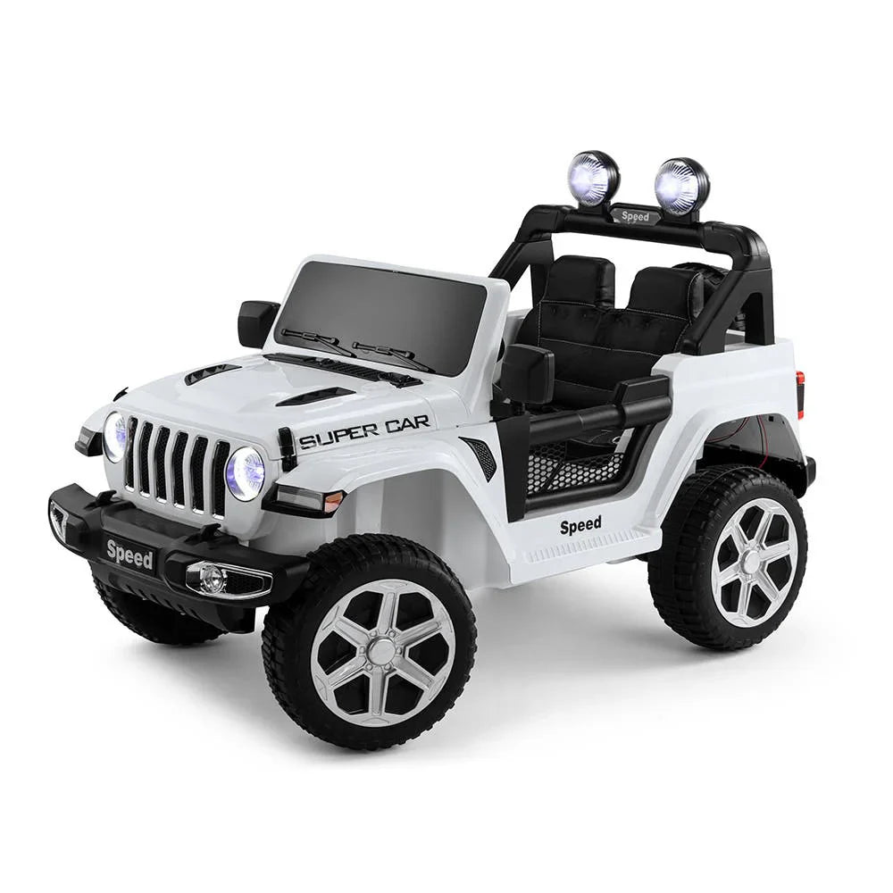 12V Kids Jeep Wrangler Ride-On Car with Remote, Music & Storage – White