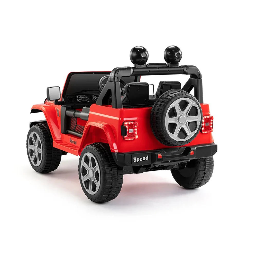 Red 12V kids Jeep Wrangler ride-on car with remote control, music, storage, and rugged styling for ages 3 and up.