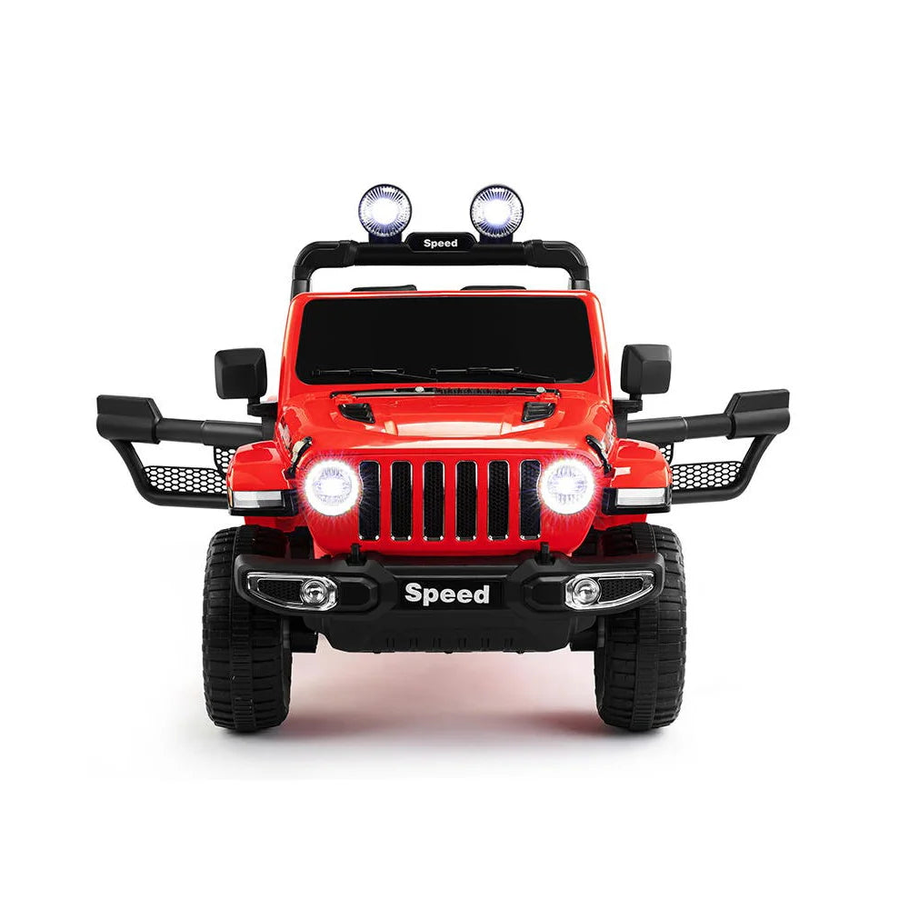 Front view of red 12V kids Jeep Wrangler ride-on car with doors open and headlights on
