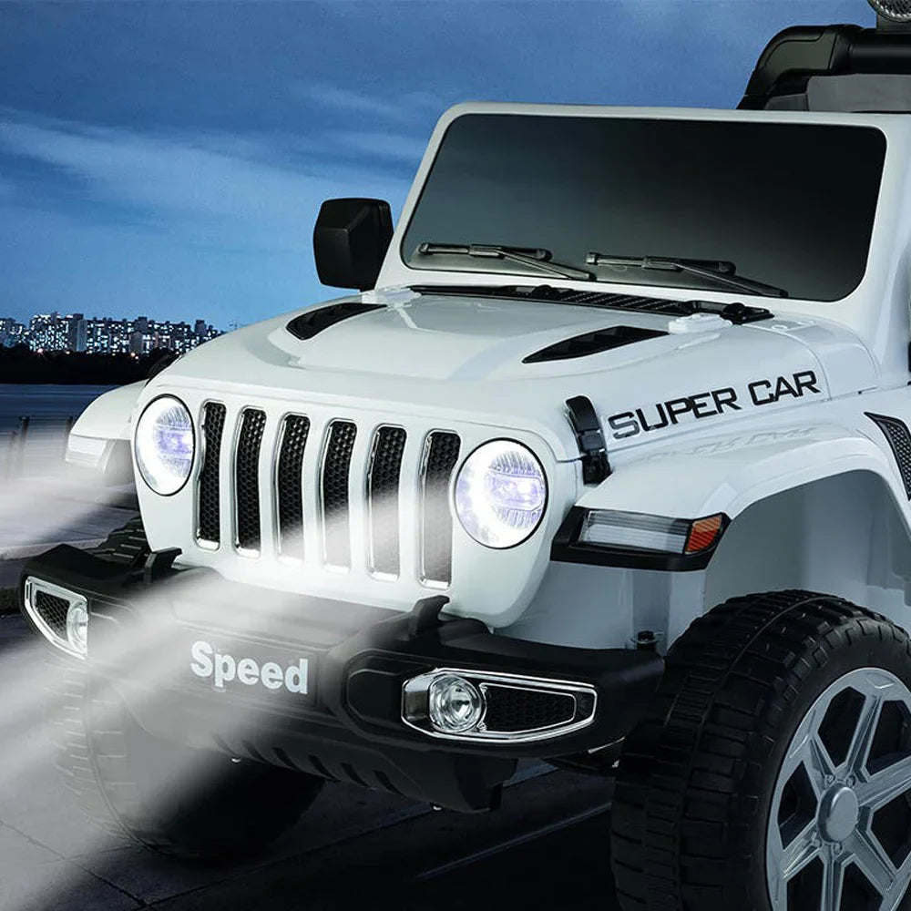 12V Kids Jeep Wrangler Ride-On Car with Remote, Music & Storage – White