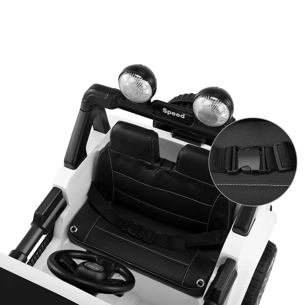 Close-up of black leather seat with seatbelt buckle and steering wheel on a white kids ride-on Jeep car.