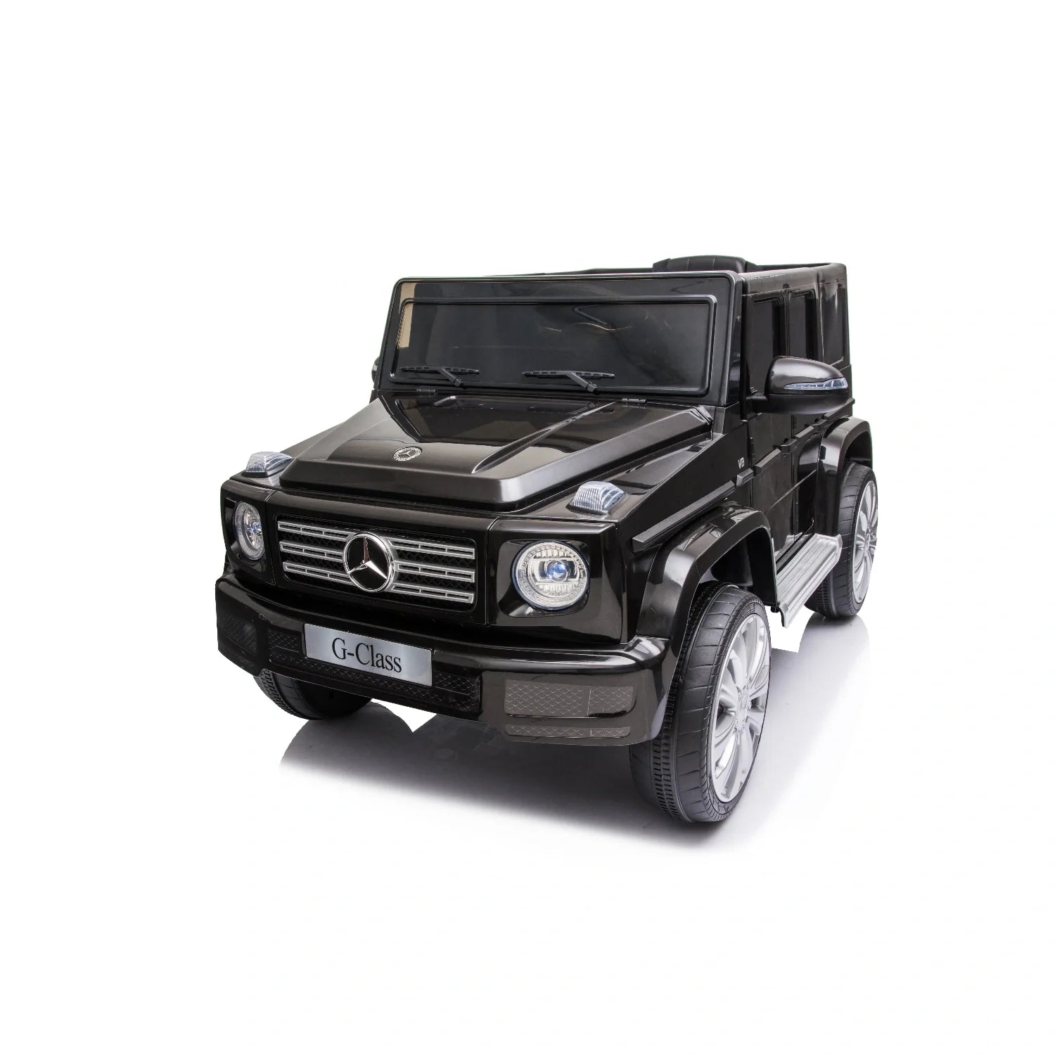 Black 12V licensed Mercedes G-Wagon G63 kids electric ride-on car with realistic details on white background