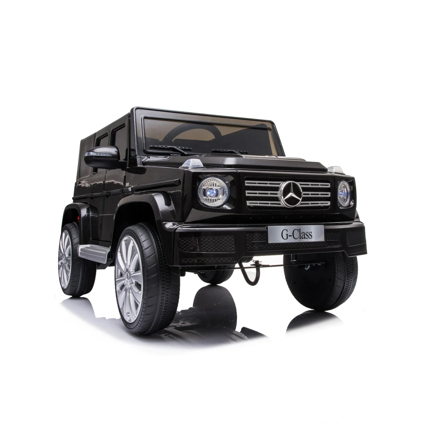 Black 12V licensed Mercedes G-Class G63 kids electric ride-on car with detailed front grille and headlights on white background