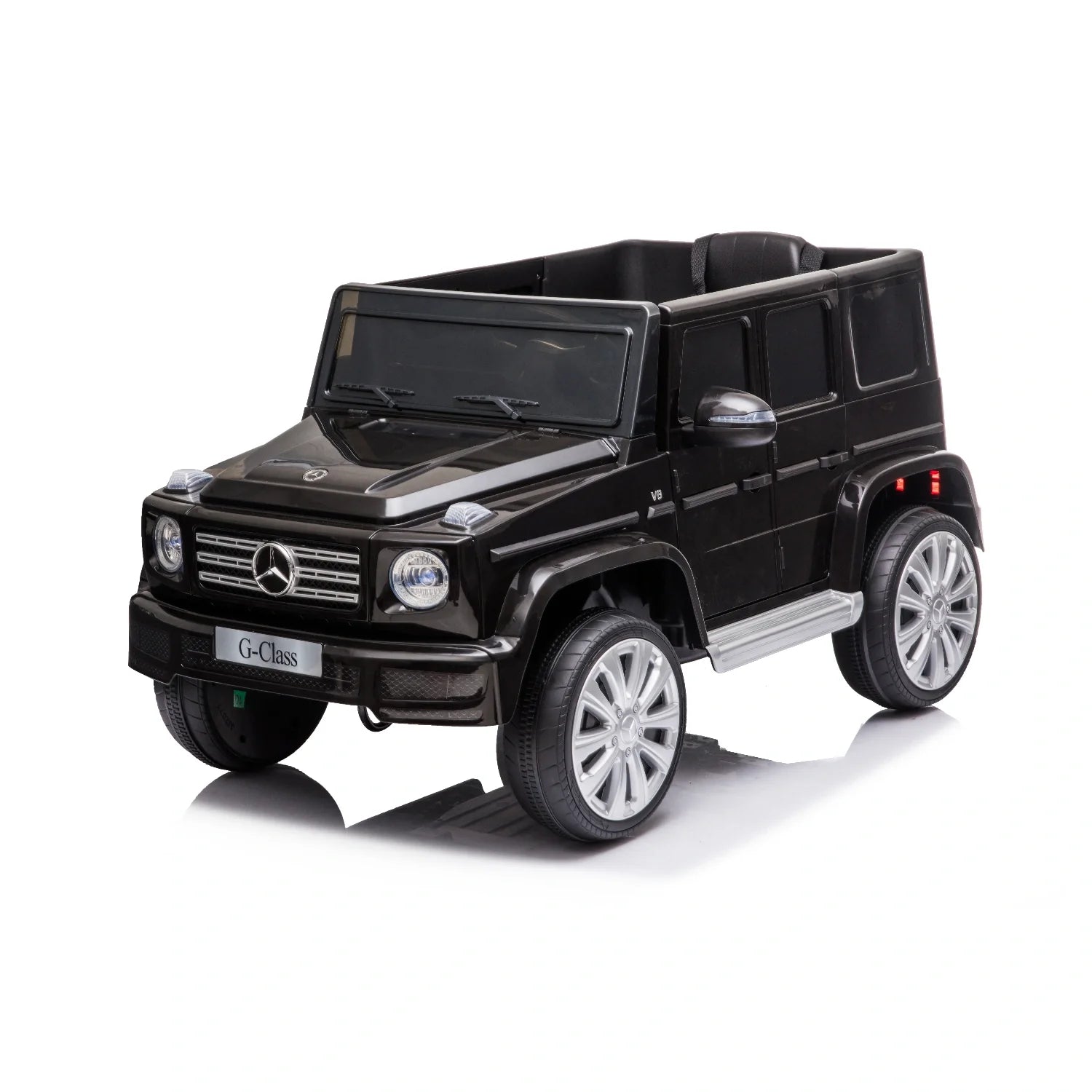 Black 12V licensed Mercedes G-Wagon G63 kids electric ride-on car with detailed design and silver wheels on white background