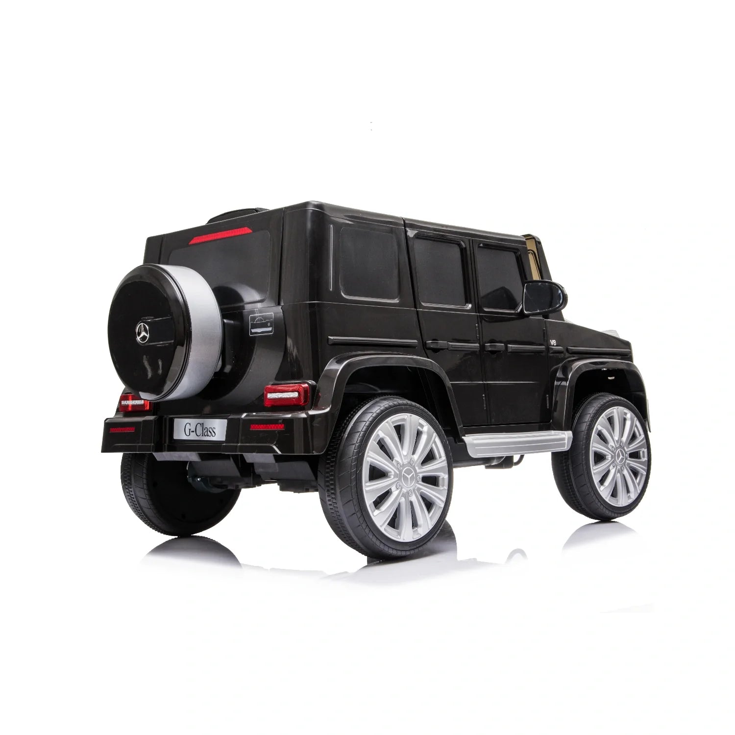 Black 12V kids electric ride-on Mercedes G-Wagon G63 SUV shown from rear angle on white background