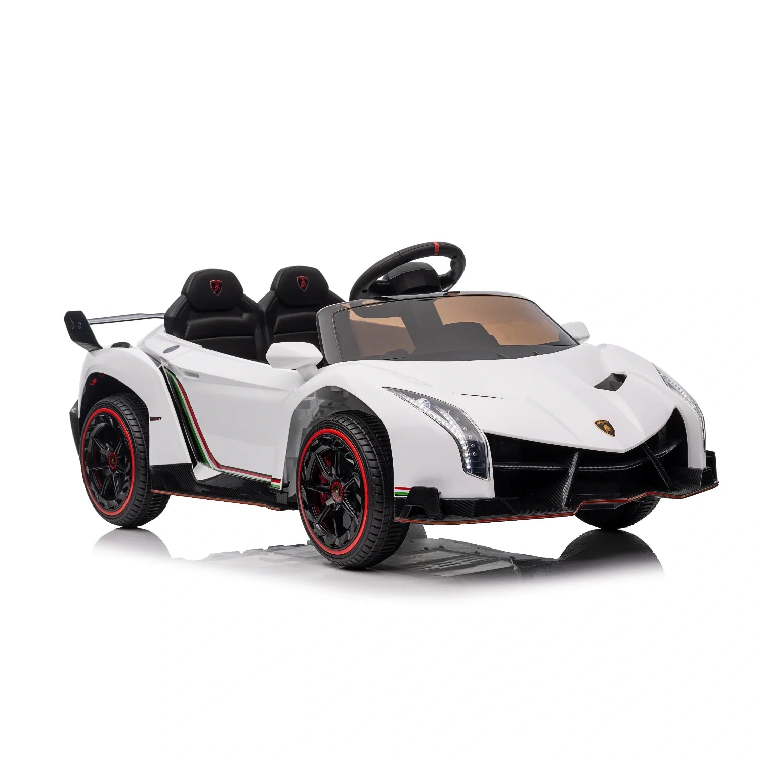 White 12V Lamborghini Veneno kids electric ride-on car with black seats and red-trimmed wheels on a white background