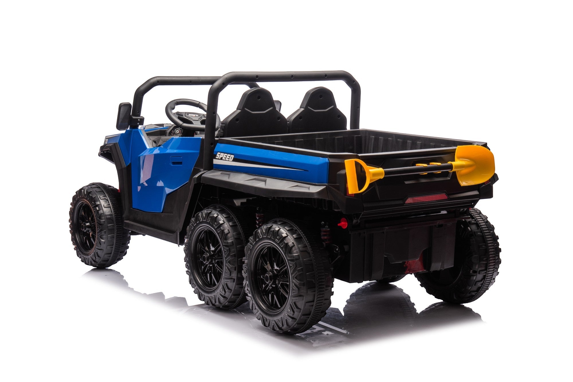 The MC Wholesalers 24V Blue Kids Ride-On Dump Truck – 6-Wheel Electric Tipper features a blue and black body, six black wheels, two seats, and a yellow shovel attached to the back, shown on a white background.