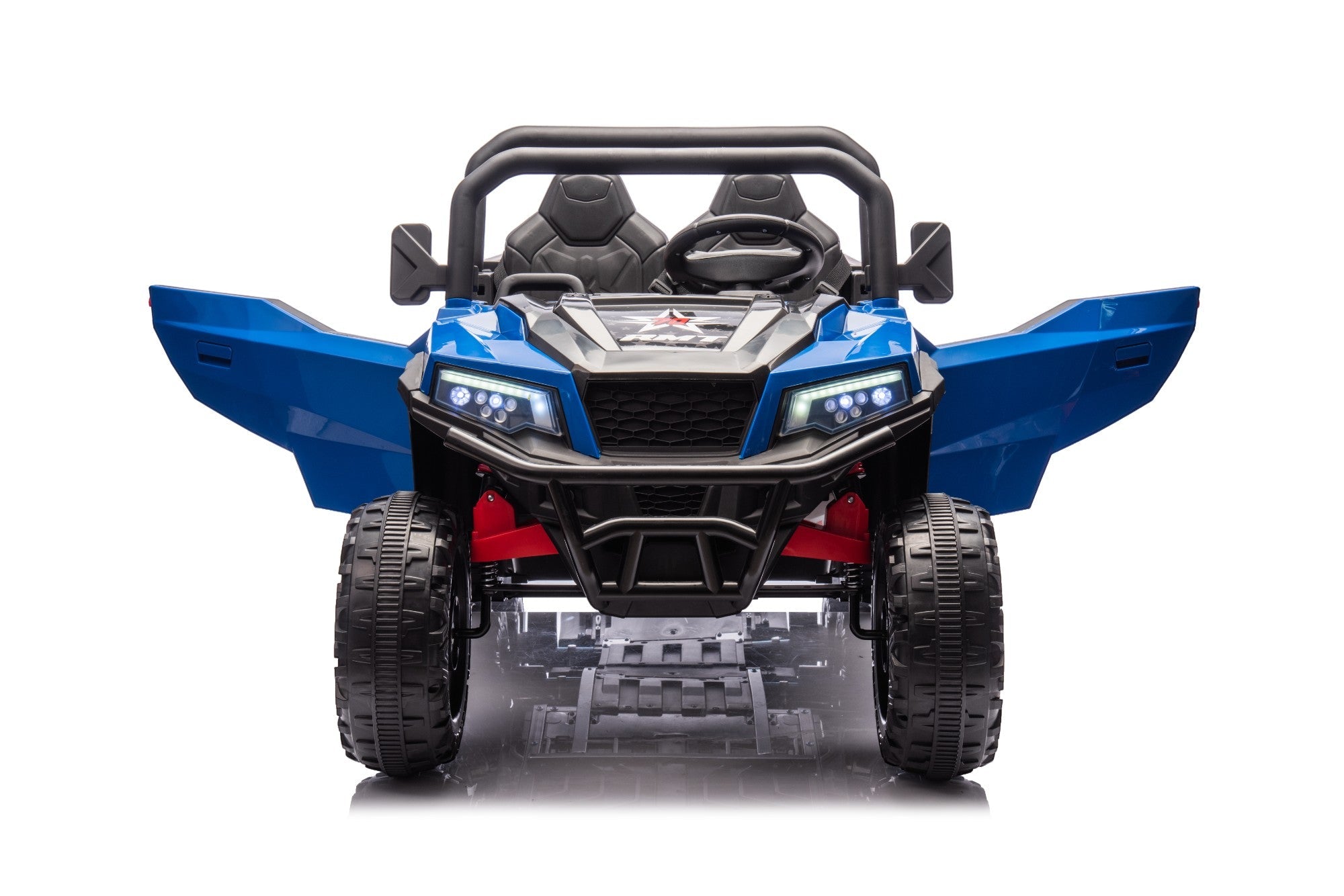 The MC Wholesalers 24V Blue Kids Ride-On Dump Truck – 6-Wheel Electric Tipper, featuring two seats and LED lights, is shown from the front with large tires against a white background.