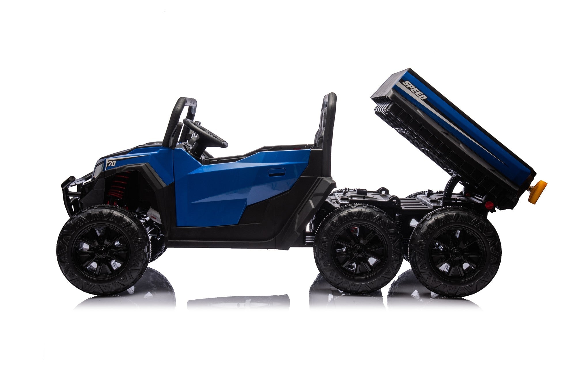 The MC Wholesalers 24V Blue Kids Ride-On Dump Truck – 6-Wheel Electric Tipper features an open cab and a raised rear dump bed, displayed in profile on a white background.