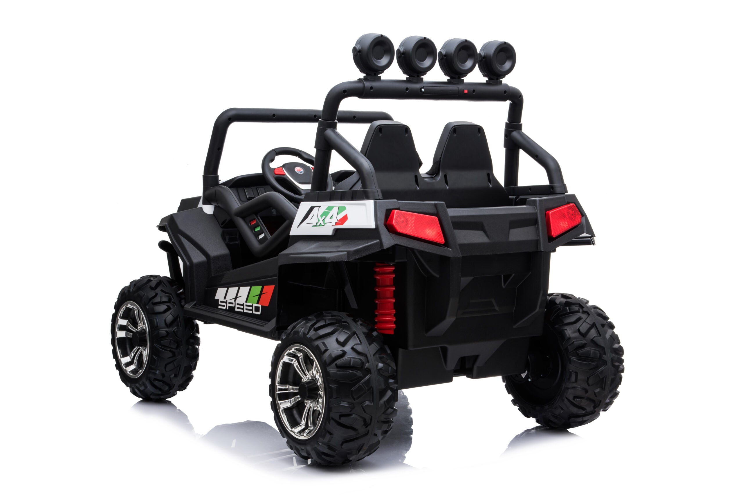 Black 24V kids ride-on beach buggy with dual seats, 4WD, rugged tires, and four off-road lights on top bar