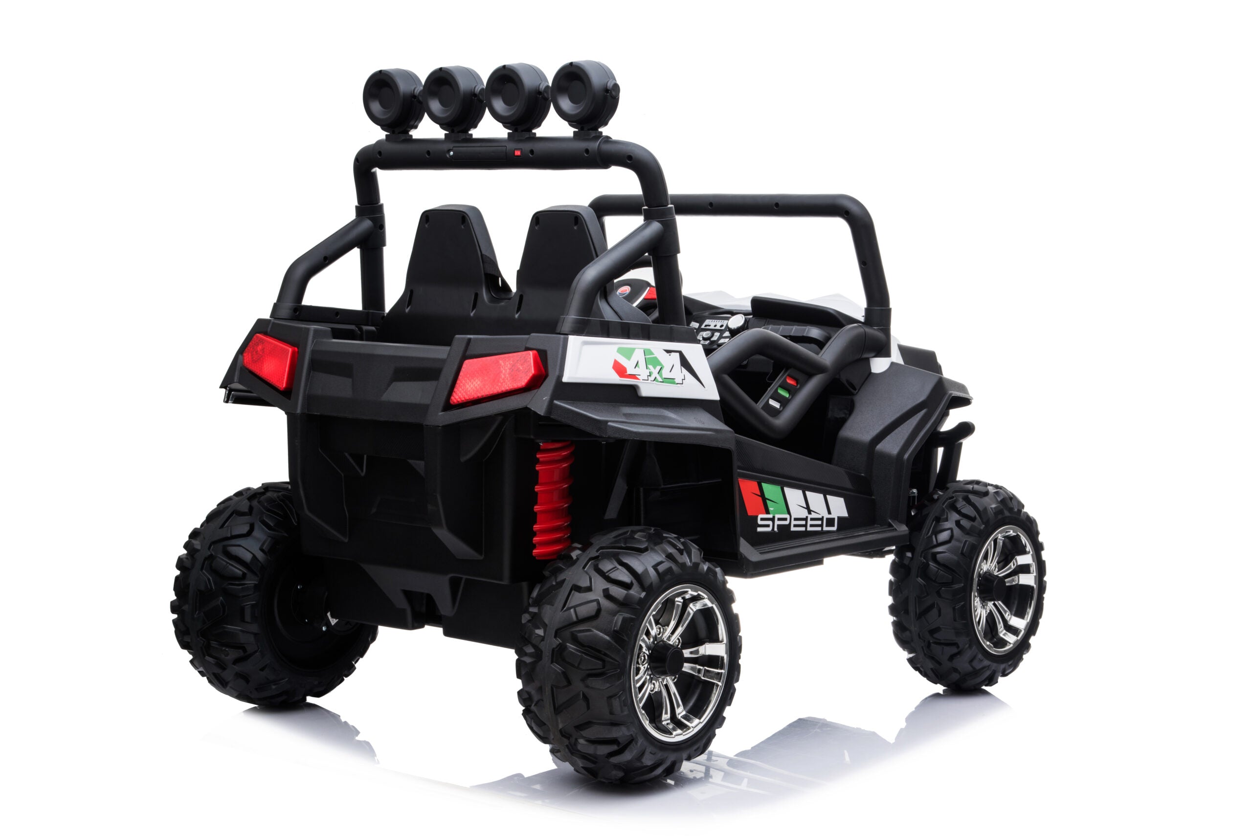 Black 24V kids ride-on buggy with dual seats, large tires, 4WD, and off-road design for ages 3 to 8.