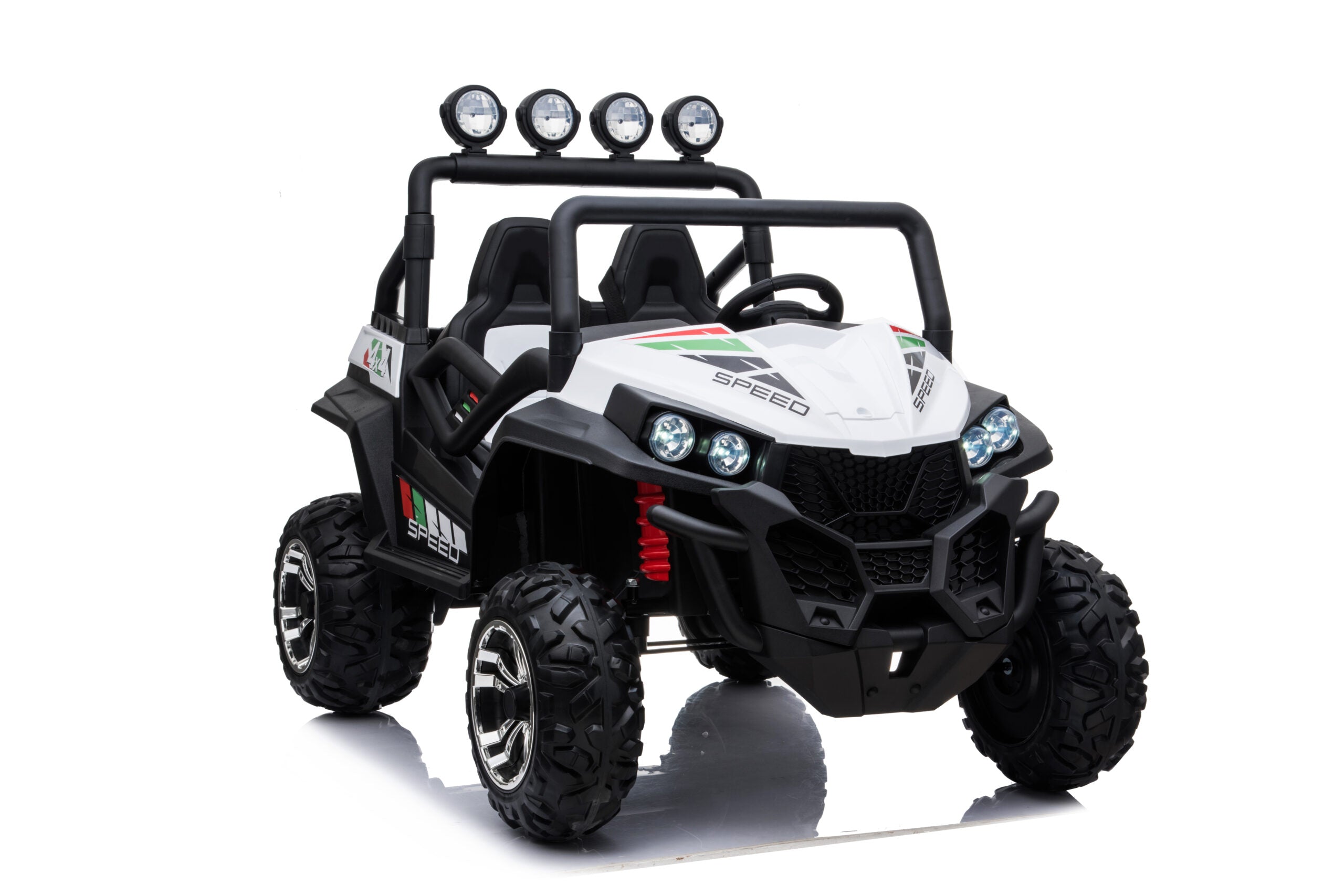 White 24V kids beach buggy ride-on car with dual seats, LED lights, four-wheel suspension, and rugged EVA tires.