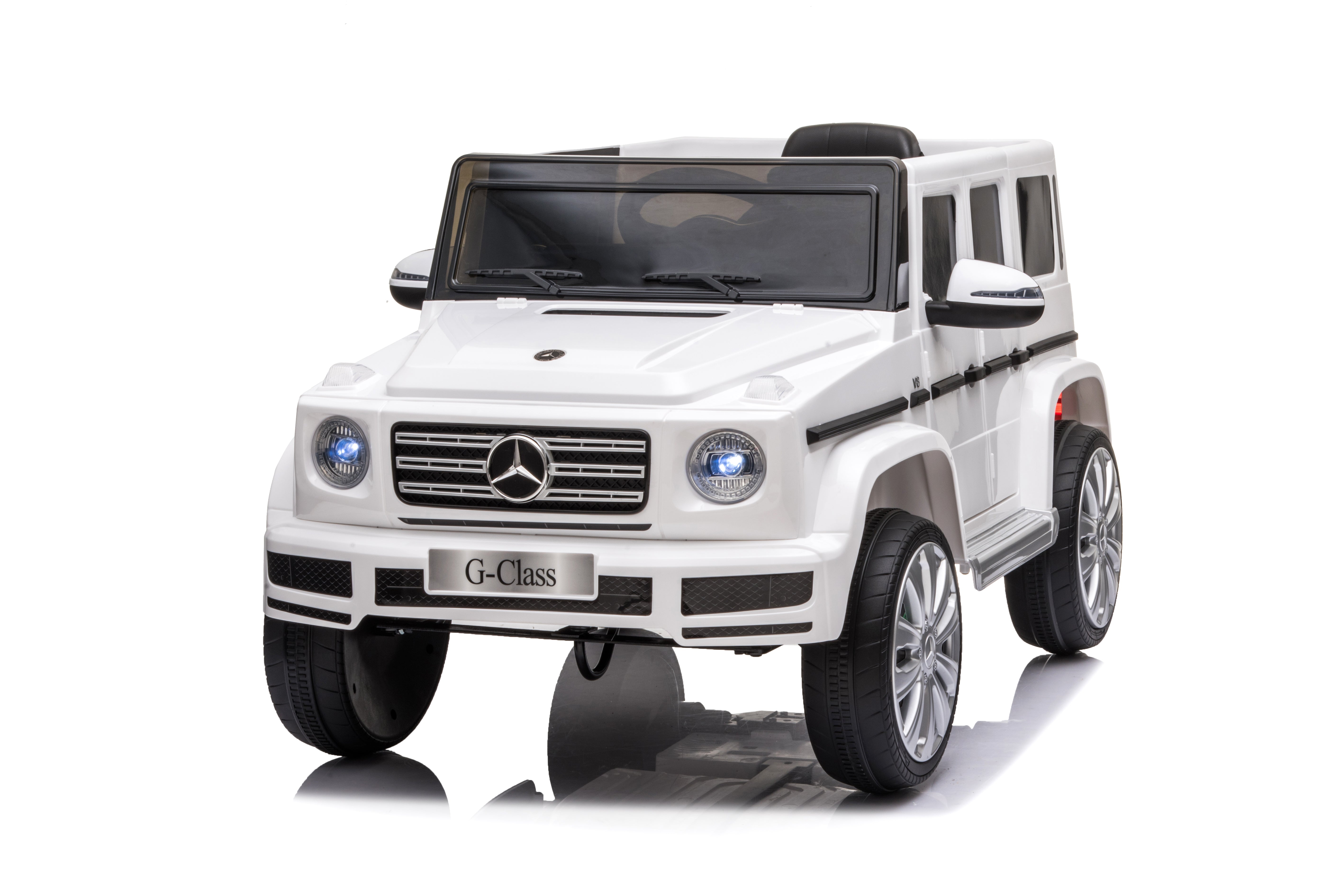 White 12V licensed Mercedes G-Wagon G63 electric ride-on car for kids with realistic SUV design and headlights