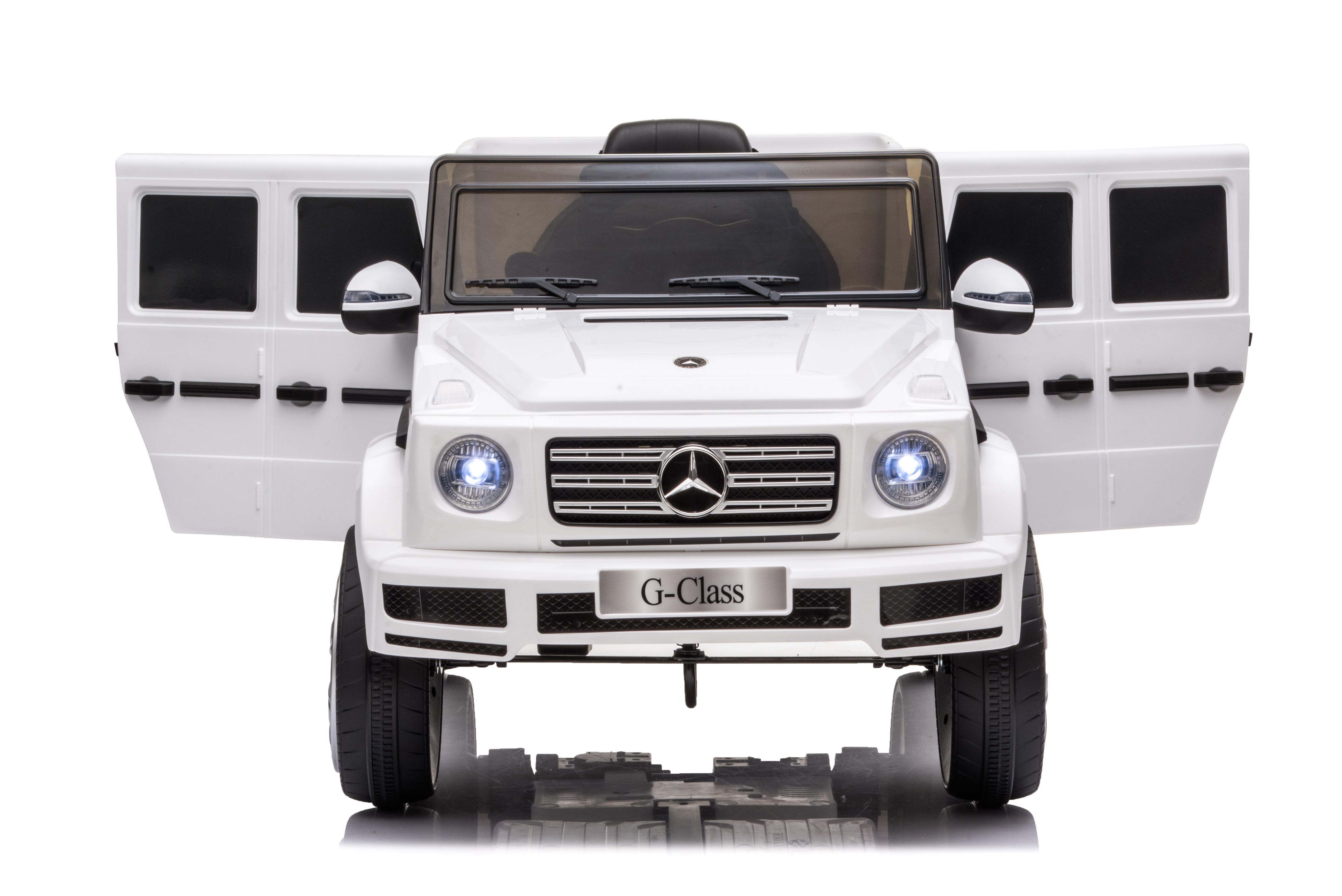 White 12V kids electric ride-on Mercedes G-Wagon G63 with open doors shown from the front on a white background