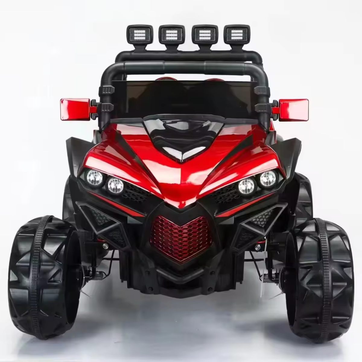 Front view of a red 12V 4WD monster truck ride-on buggy for kids with off-road tires and LED lights