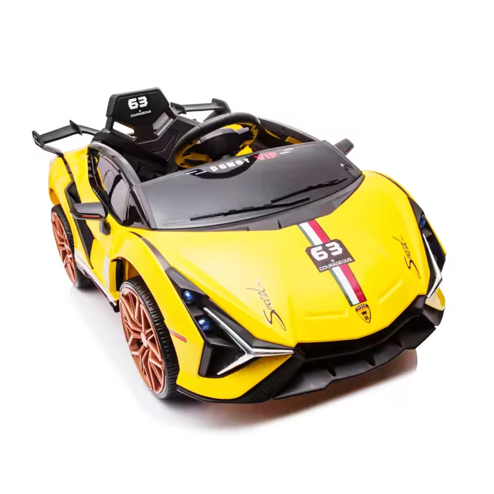 Yellow 12V Lamborghini inspired ride-on car with black accents and bronze wheels on a white background