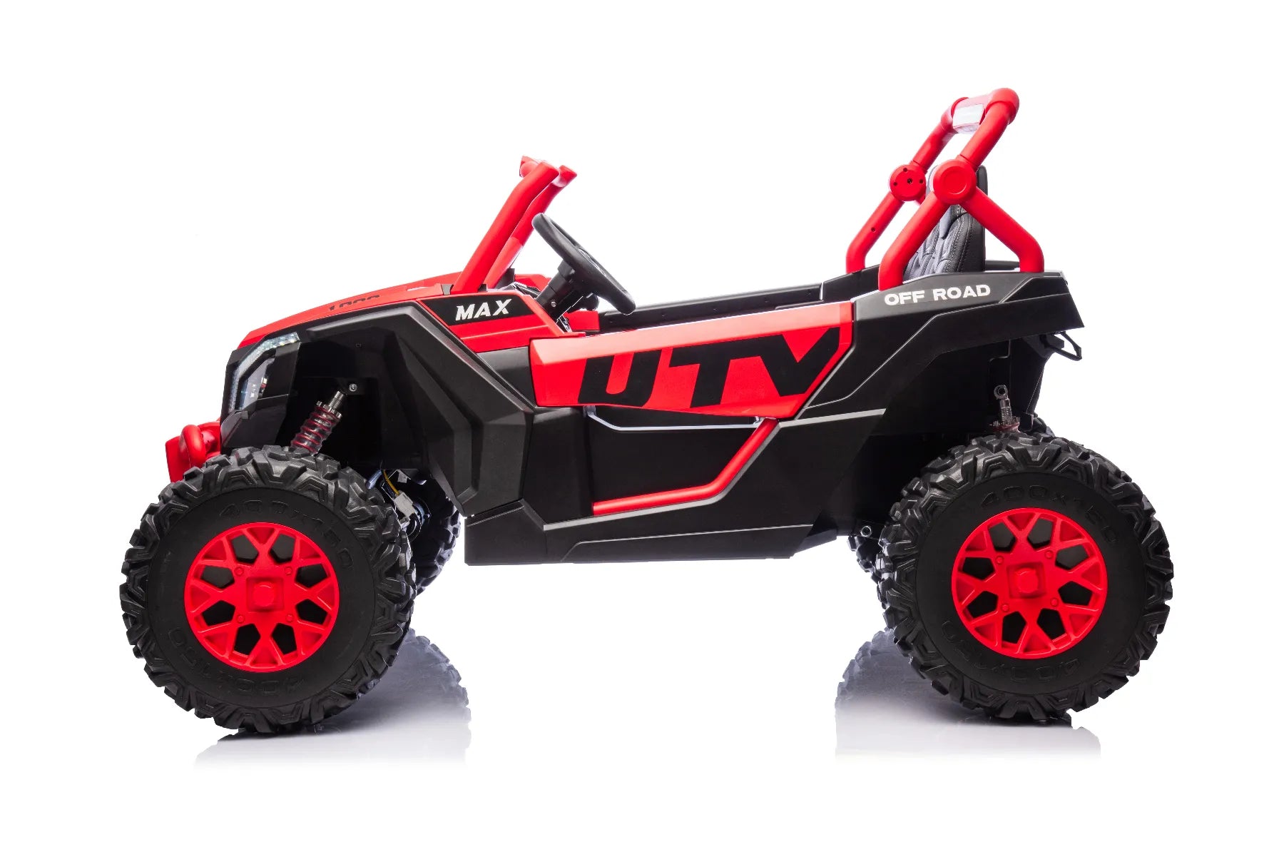 Red and black toy off-road vehicle on a white background