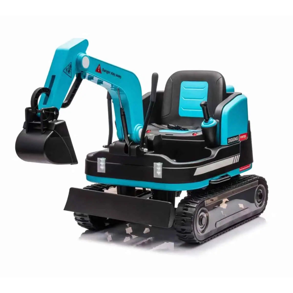 Blue 24V kids ride-on excavator digger with working arm, dual motors, and black seat on white background