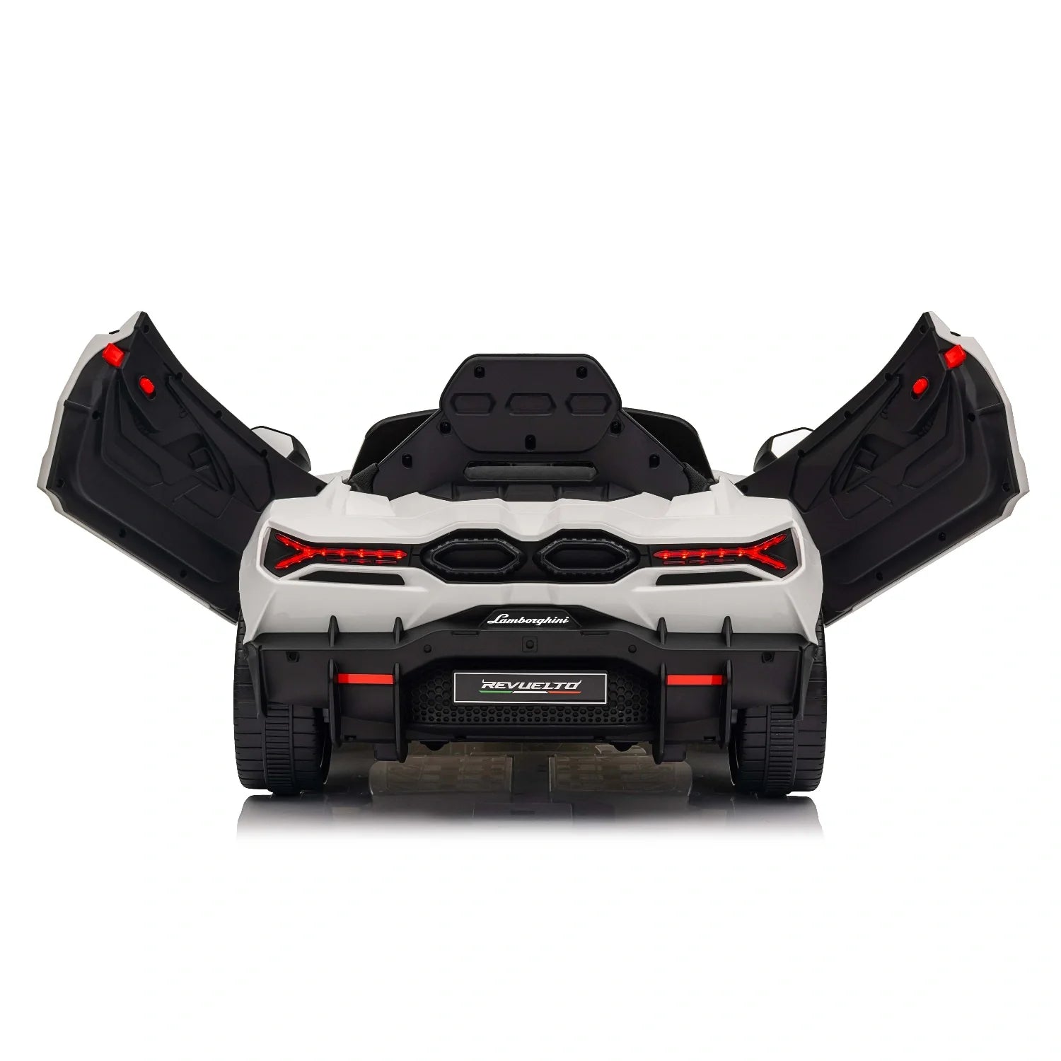 Rear view of white 12V Lamborghini Revuelto kids ride-on car with open scissor doors on a white background