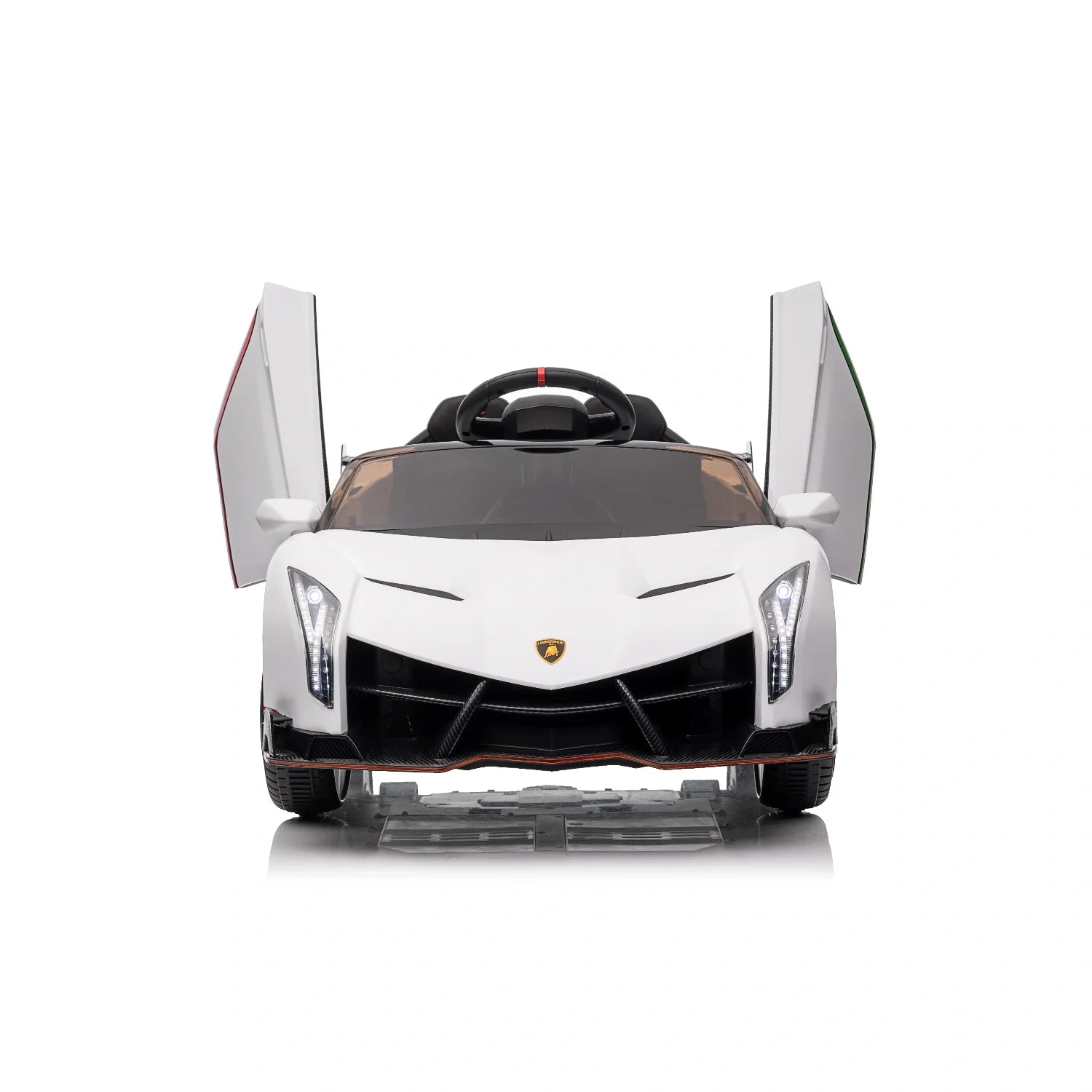 Front view of white licensed Lamborghini Veneno kids electric ride-on car with open scissor doors on white background