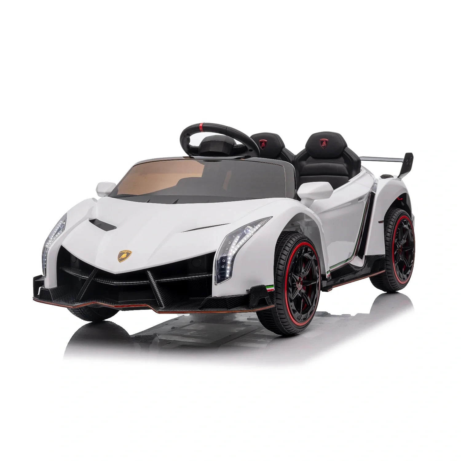 White 12V licensed Lamborghini Veneno kids electric ride-on car with black and red accents on a white background