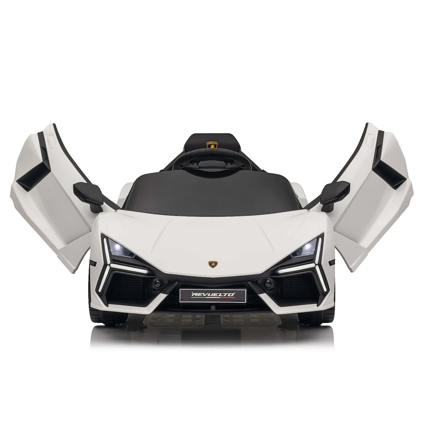 White 12V Lamborghini Revuelto kids electric ride-on car with open scissor doors shown from the front