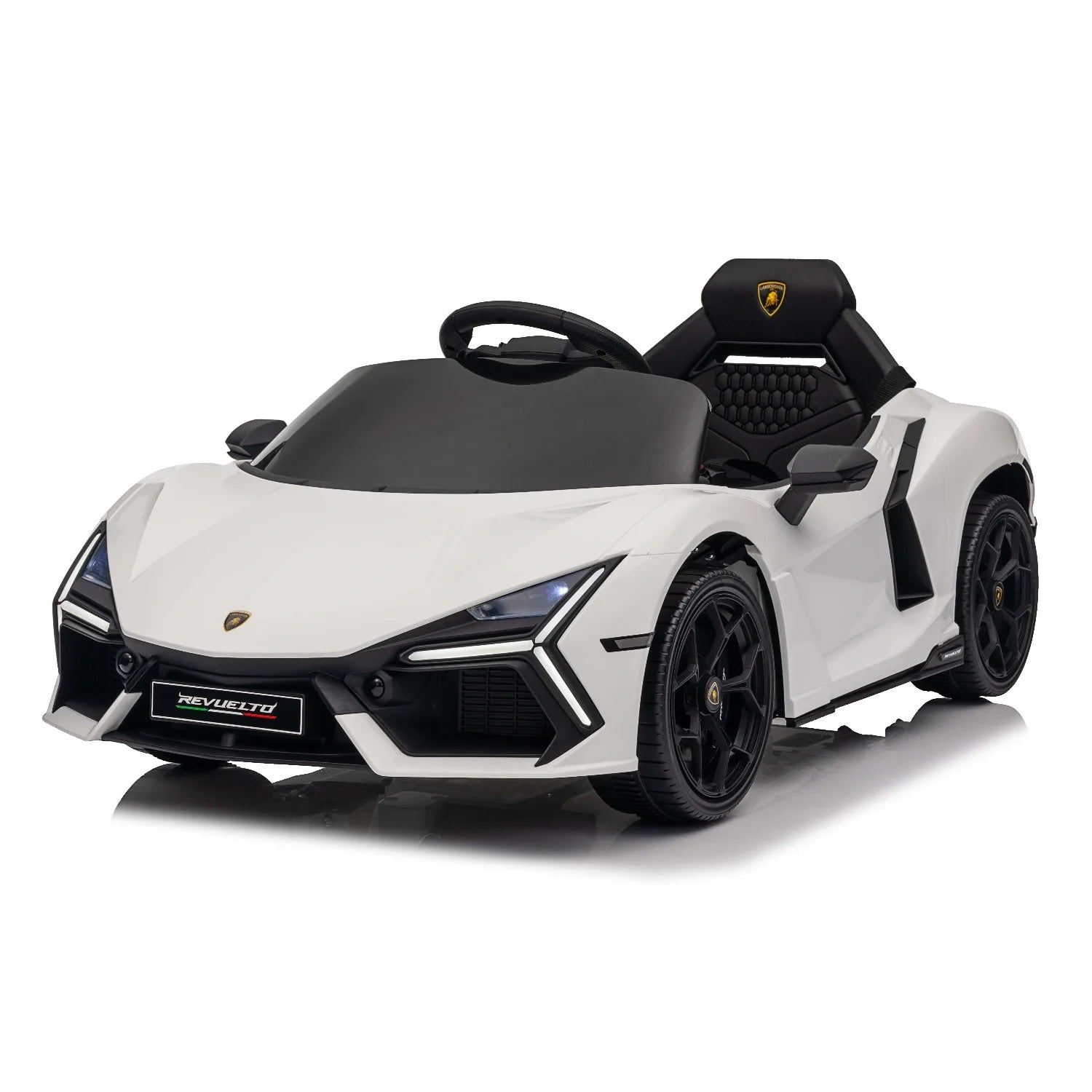 White 12V licensed Lamborghini Revuelto electric ride-on car for kids with black interior and sporty design