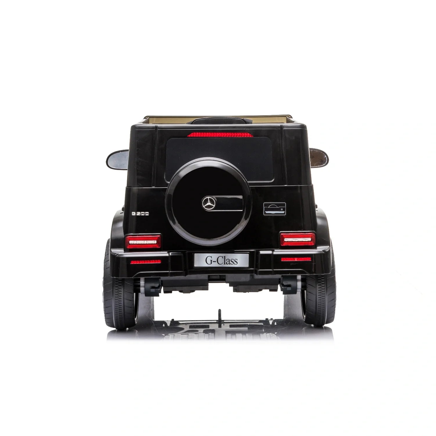 Rear view of black 12V licensed Mercedes G-Wagon G63 kids electric ride-on car on a white background