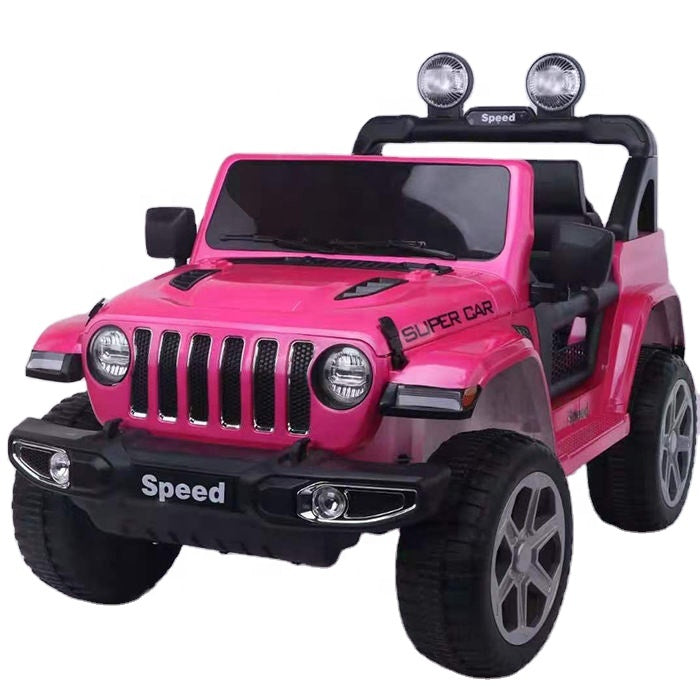 Pink 12V 4WD Jeep Wrangler Rubicon kids electric ride-on car with remote control and LED lights.